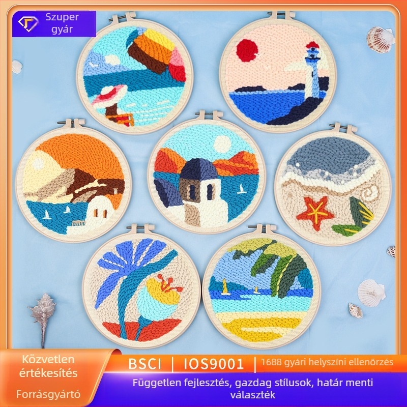 DIY vászonos keresztszemes készlet lenvászonra, tájkép, mediterrán stílus, tengerparti sziget téma