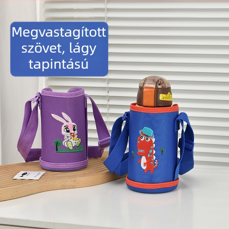 Gyerekeknek készült hőszigetelt palacktartó vállpánttal, rajzfilmszerű stílusban (BT019, textile anyag, logónyomtatás)