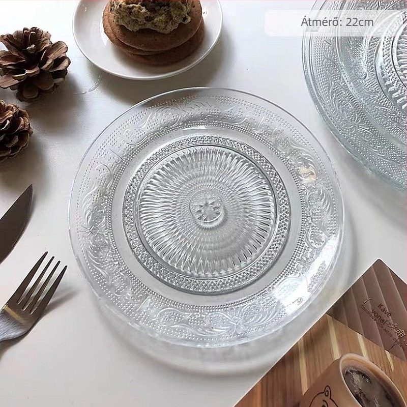 Üveg reggeli tál retro domborított mintával, kör alakú, gyümölcsökhöz és nassolnivalókhoz; modern minimalist stílus; nem alkalmas mikrohullámú sütőben