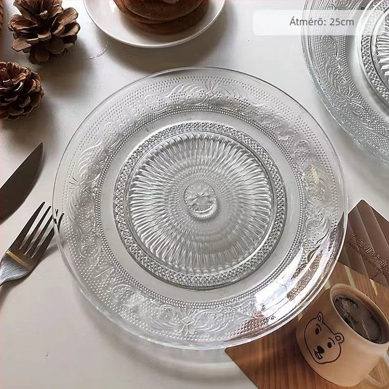 Üveg reggeli tál retro domborított mintával, kör alakú, gyümölcsökhöz és nassolnivalókhoz; modern minimalist stílus; nem alkalmas mikrohullámú sütőben