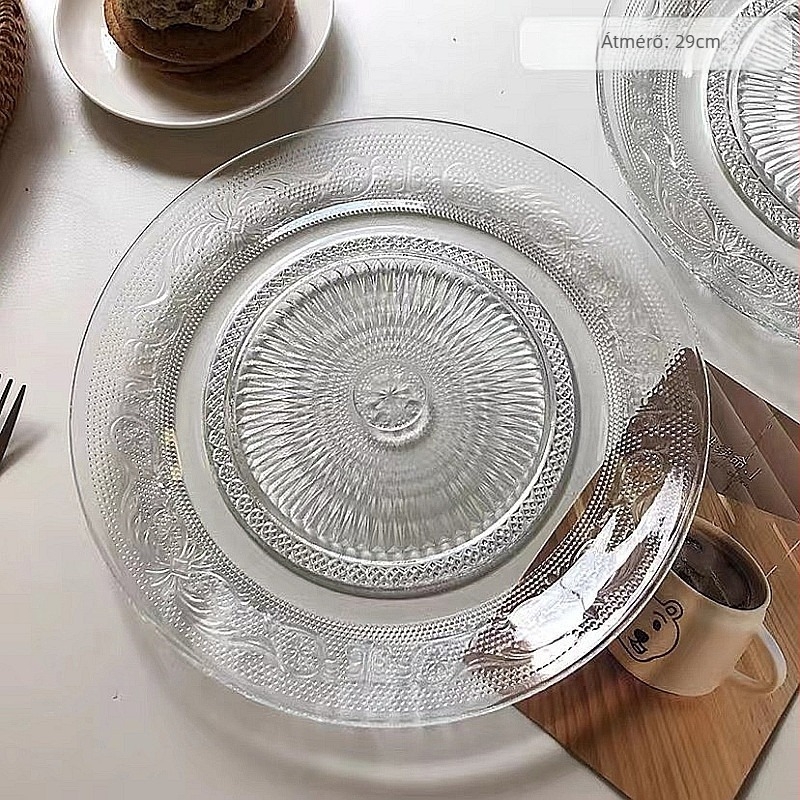 Üveg reggeli tál retro domborított mintával, kör alakú, gyümölcsökhöz és nassolnivalókhoz; modern minimalist stílus; nem alkalmas mikrohullámú sütőben