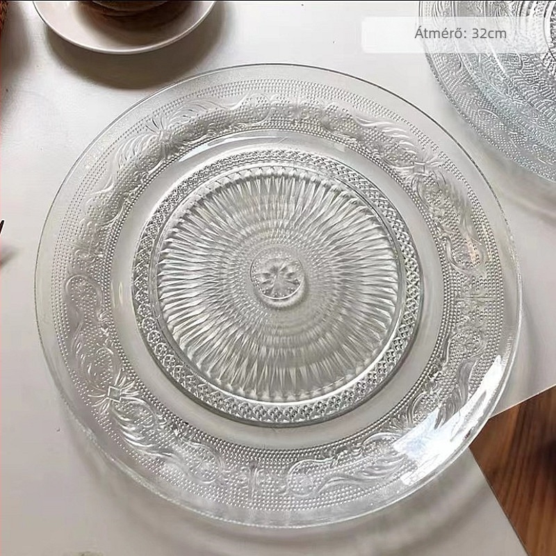Üveg reggeli tál retro domborított mintával, kör alakú, gyümölcsökhöz és nassolnivalókhoz; modern minimalist stílus; nem alkalmas mikrohullámú sütőben