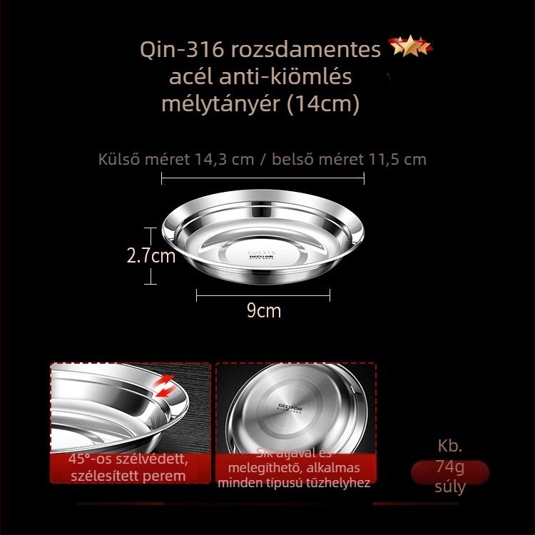 316 rozsdamentes acélból készült tál, kerek, mélytál, élelmiszer-minőség, fényes felület, modern minimál stílus