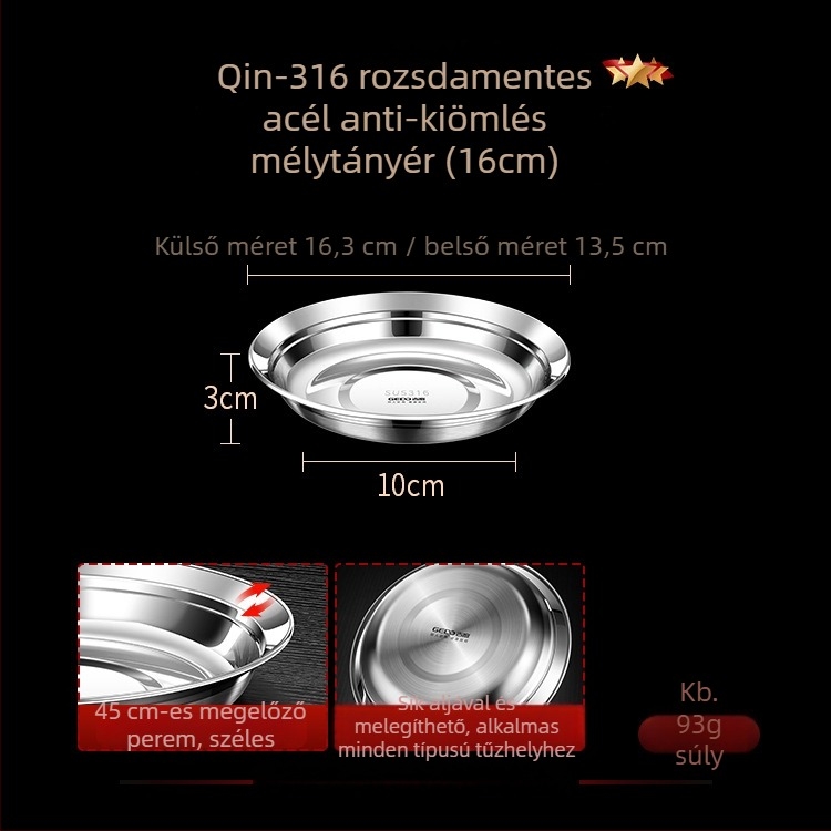 316 rozsdamentes acélból készült tál, kerek, mélytál, élelmiszer-minőség, fényes felület, modern minimál stílus