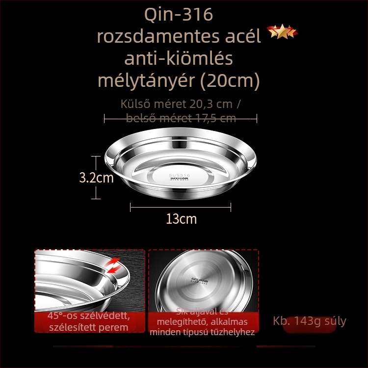 316 rozsdamentes acélból készült tál, kerek, mélytál, élelmiszer-minőség, fényes felület, modern minimál stílus