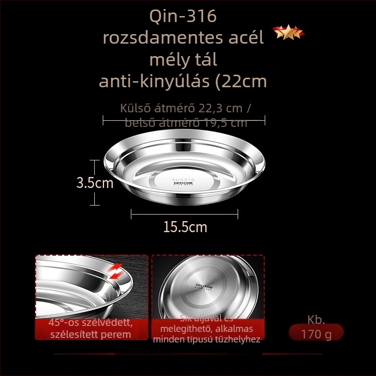 316 rozsdamentes acélból készült tál, kerek, mélytál, élelmiszer-minőség, fényes felület, modern minimál stílus
