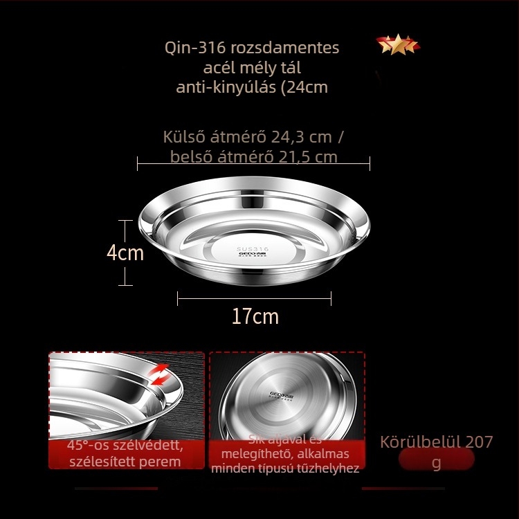 316 rozsdamentes acélból készült tál, kerek, mélytál, élelmiszer-minőség, fényes felület, modern minimál stílus