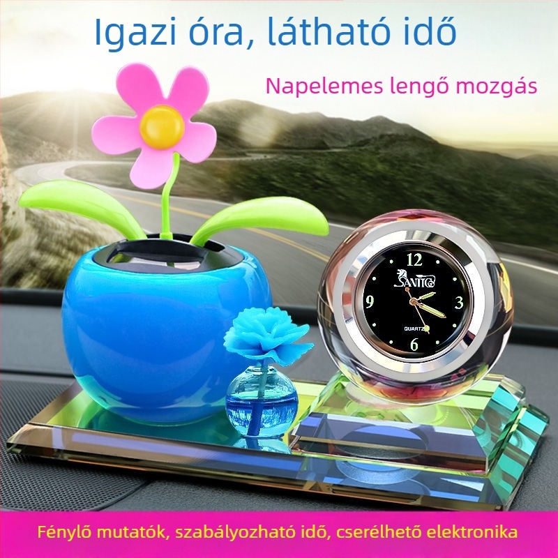 Autó belső dekoráció napenergia működtetett mozgó fejű virággal, aromaterápia, fémszerkezet, üzleti ajándékhoz