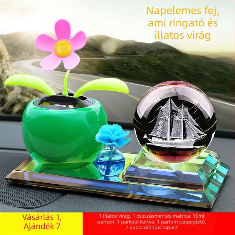 Autó belső dekoráció napenergia működtetett mozgó fejű virággal, aromaterápia, fémszerkezet, üzleti ajándékhoz