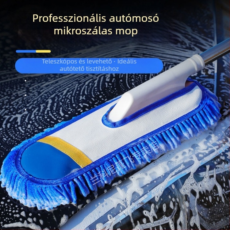Autómosó mop chenille fejjel, rozsdamentes acélból készül, Langconi márka, teleszkópos hosszú nyél