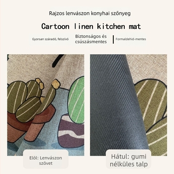Lenvászon konyhai matrac, négyzetes, karikatúrás mintázat, mosható, használható konyhába, étterembe és bejárathoz.