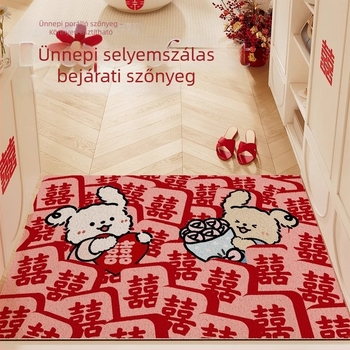 Esküvői bejárati szőnyeg rajzfilm mintával, piros boldog betűkkel, selyemkör mintázattal, bejárathoz