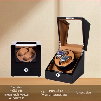 Mechanikus óravédődoboz automata felhúzással, anti-mágneses, 2+0 dizájn; tömörfa kivitel PU bőrrel, velúr belső és pianó lakkozás.