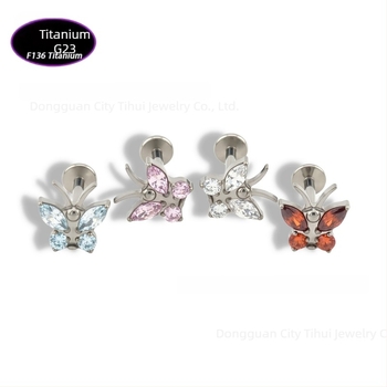 ajak piercing – pillangó alakú titániumötvözet cirkón kristályokkal (5A), G23 tisztaságú