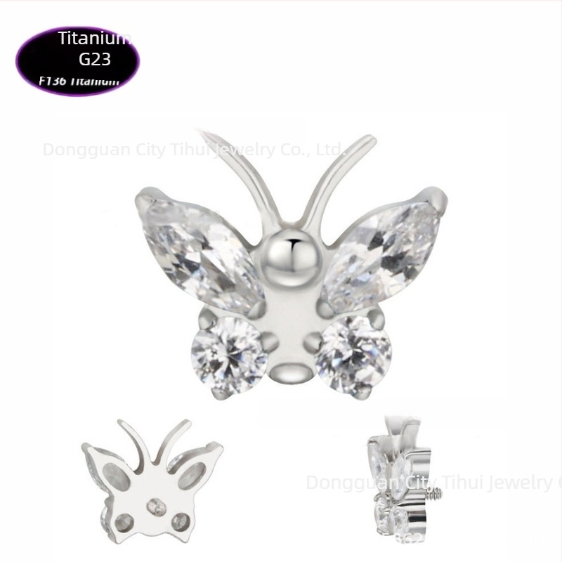 ajak piercing – pillangó alakú titániumötvözet cirkón kristályokkal (5A), G23 tisztaságú