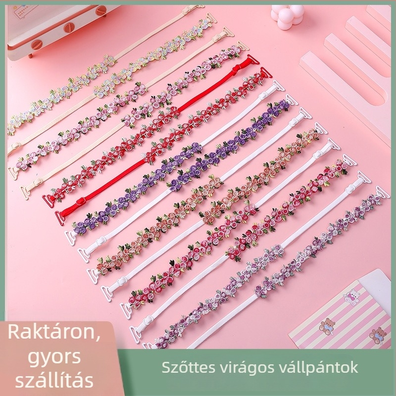 Csipkés melltartó pántok hímzett virágokkal, cserepántok fehérneműkhöz, dupla vállpánt