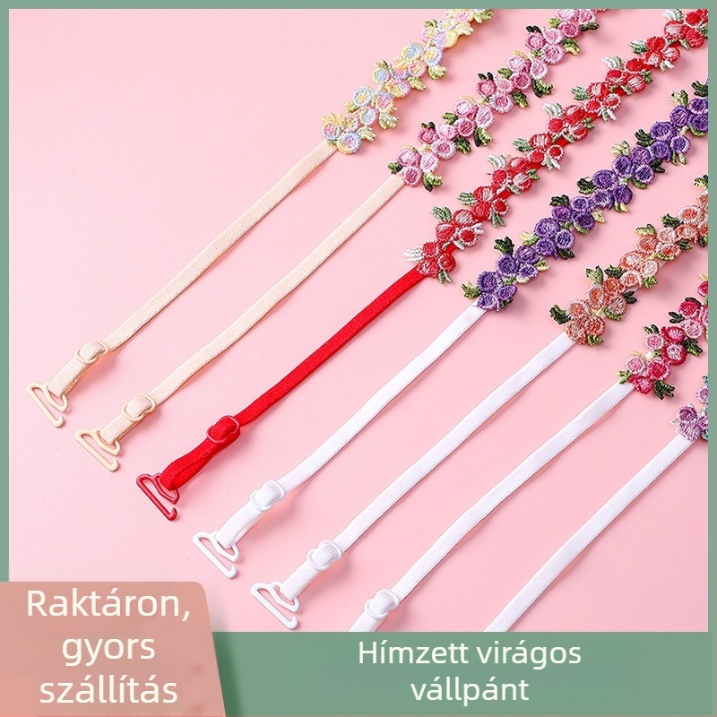 Csipkés melltartó pántok hímzett virágokkal, cserepántok fehérneműkhöz, dupla vállpánt