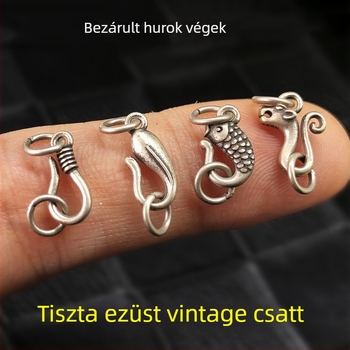 S925 Sterling ezüst - hal-drákó motívum ősi kínai stílusban, kötött kézi zsinór, gyöngyös nyakék összekapcsoló csat, DIY ékszer-kiegészítő