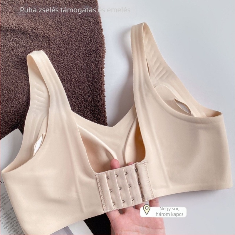 Puha támasztású melltartó, vezeték nélküli, 3/4 kosár latexformázott, fő anyag nylon, bélés spandex 50–70%, fix dupla vállpántok, hátul négy sor csattal