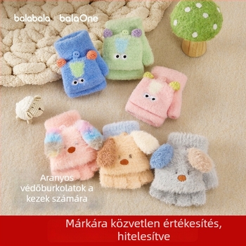 Balabala gyerek kesztyűk 3–6 évesek, poliészter, téli, plüss kutya motívum, ötujjas kesztyű lehajtható fedővel