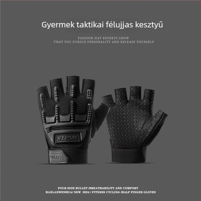 Gyermekek taktikai félujjú kesztyűk, méret M–L, uniszex, edzéshez és kerékpározáshoz, csúszásmentes
