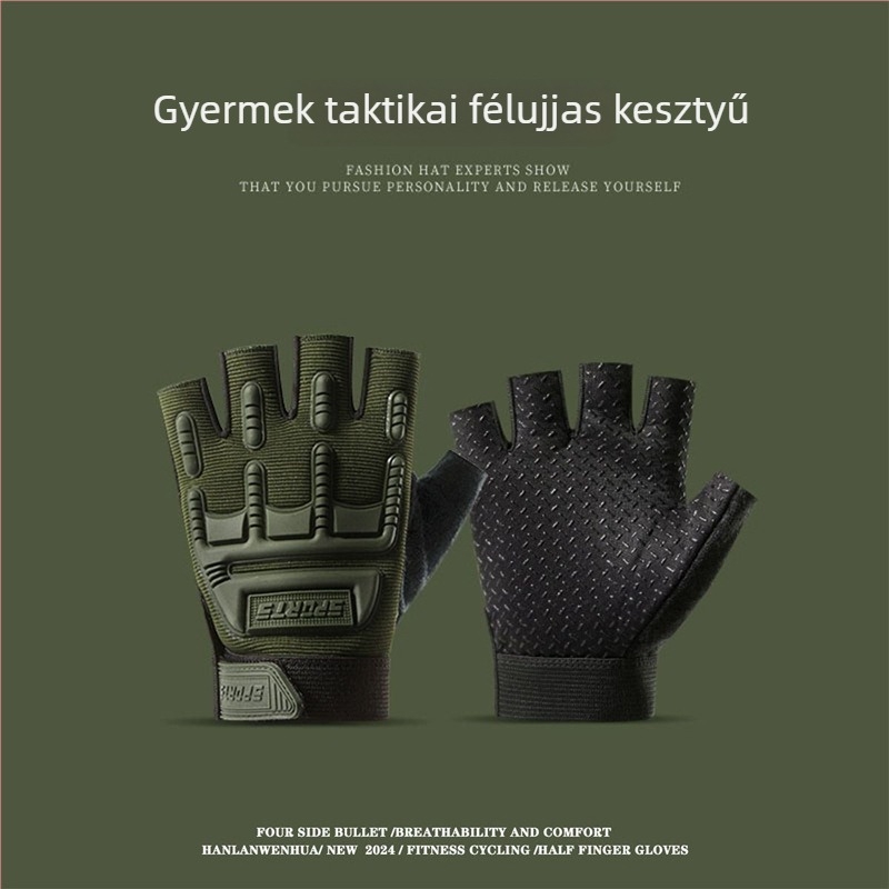 Gyermekek taktikai félujjú kesztyűk, méret M–L, uniszex, edzéshez és kerékpározáshoz, csúszásmentes