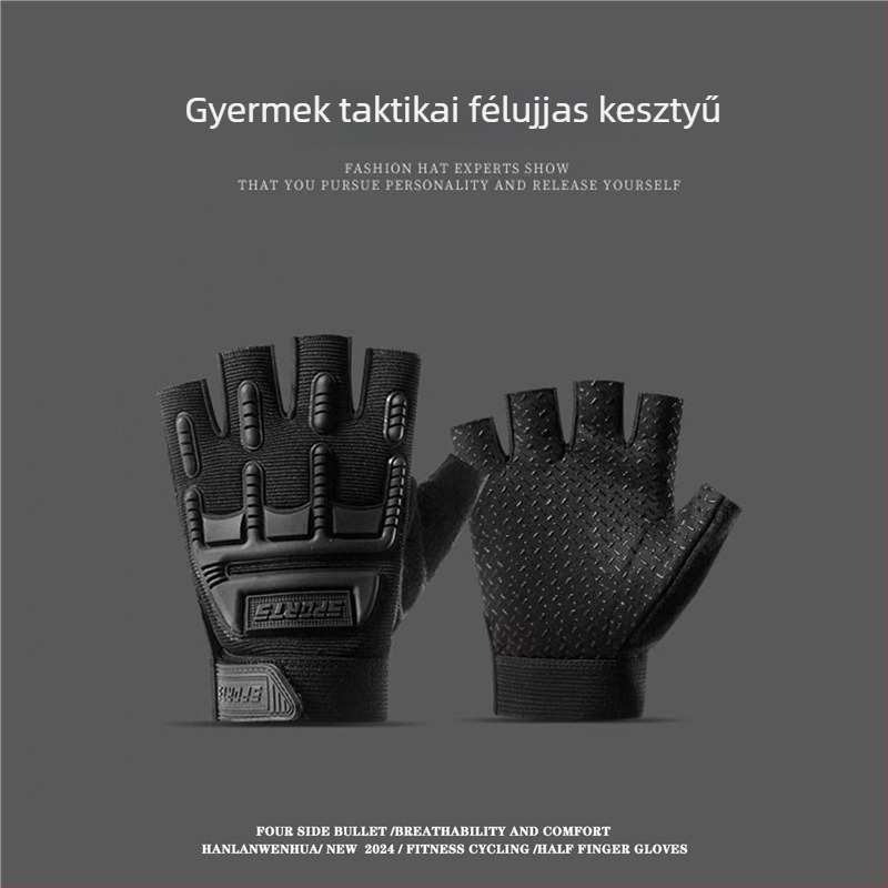Gyermekek taktikai félujjú kesztyűk, méret M–L, uniszex, edzéshez és kerékpározáshoz, csúszásmentes