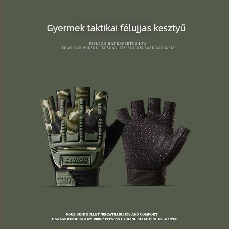 Gyermekek taktikai félujjú kesztyűk, méret M–L, uniszex, edzéshez és kerékpározáshoz, csúszásmentes