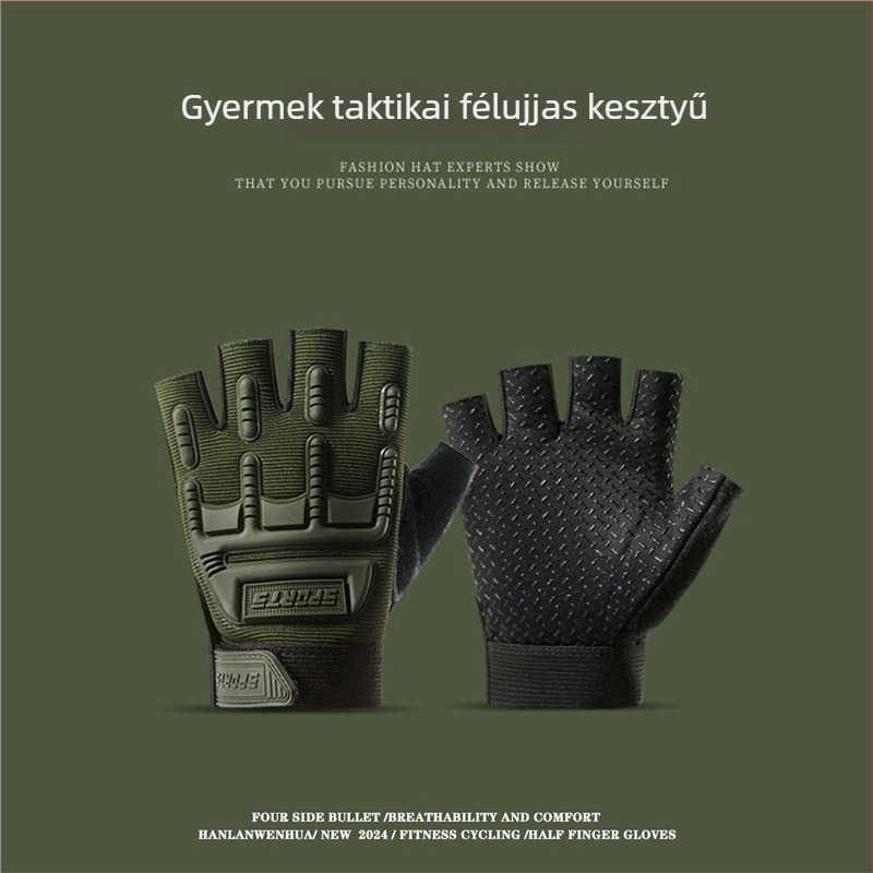 Gyermekek taktikai félujjú kesztyűk, méret M–L, uniszex, edzéshez és kerékpározáshoz, csúszásmentes