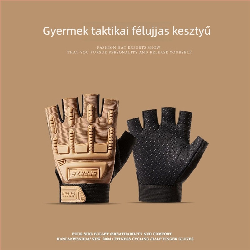 Gyermekek taktikai félujjú kesztyűk, méret M–L, uniszex, edzéshez és kerékpározáshoz, csúszásmentes