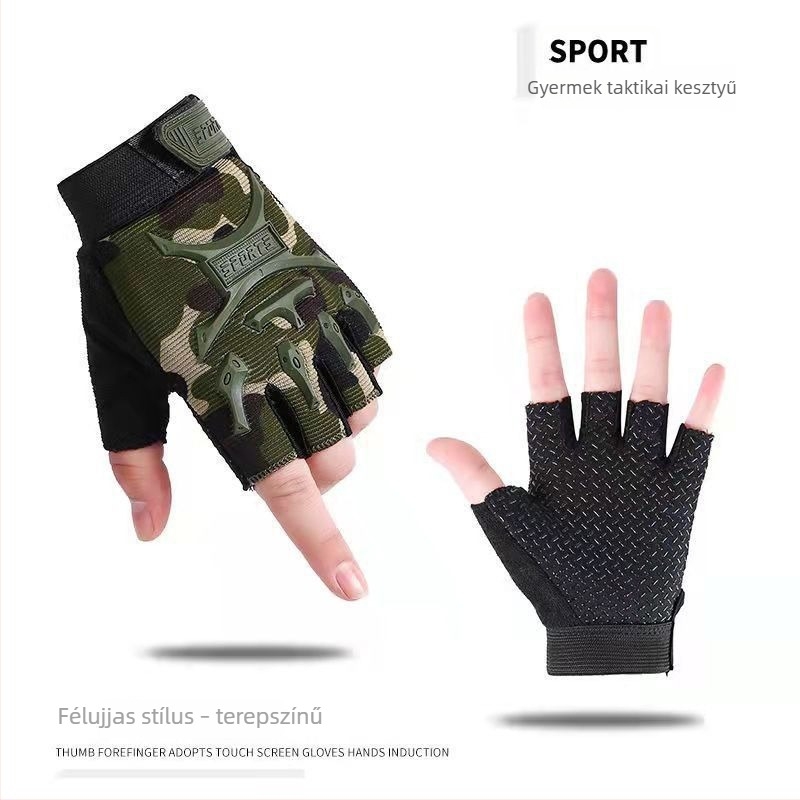 Gyermekek taktikai félujjú kesztyűk, méret M–L, uniszex, edzéshez és kerékpározáshoz, csúszásmentes