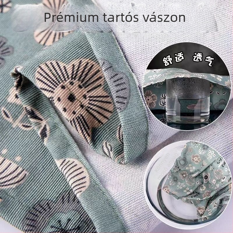 Ujjakkal ellátott kötény – vászon, foltálló, japán stílus, virágos mintázat