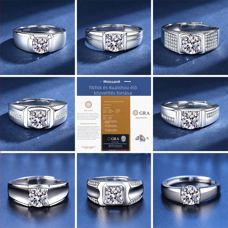 Moissanite gyűrű férfiaknak – 1 ct, 925 Sterling ezüst, nyitott dizájn, páros stílus