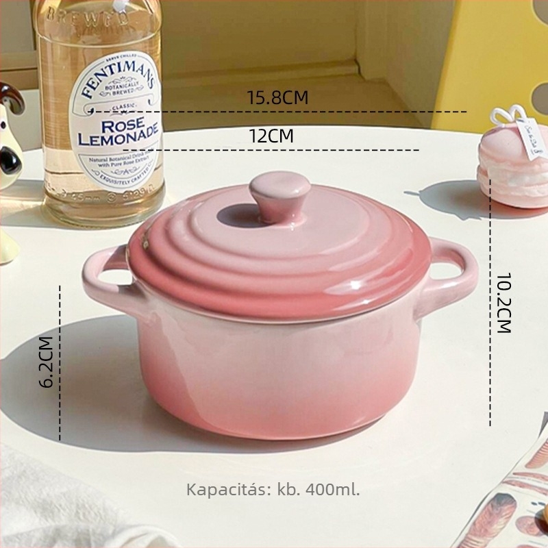 Kerámiából készült tál fedővel és két fogantyúval, mikrohullámú sütőben használható, kerek alak, tojás párolására és vízfürdős főzésre