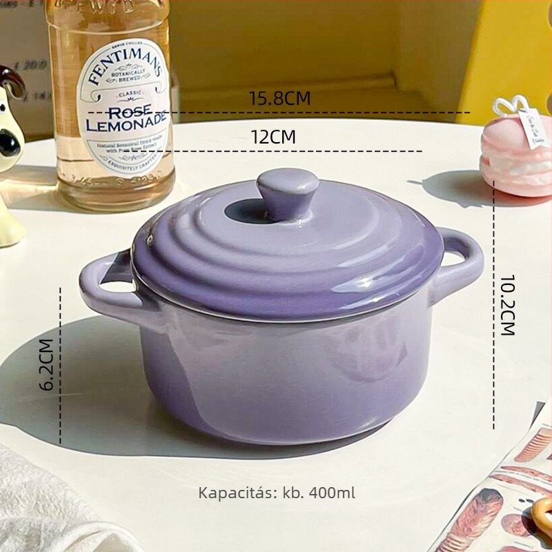 Kerámiából készült tál fedővel és két fogantyúval, mikrohullámú sütőben használható, kerek alak, tojás párolására és vízfürdős főzésre