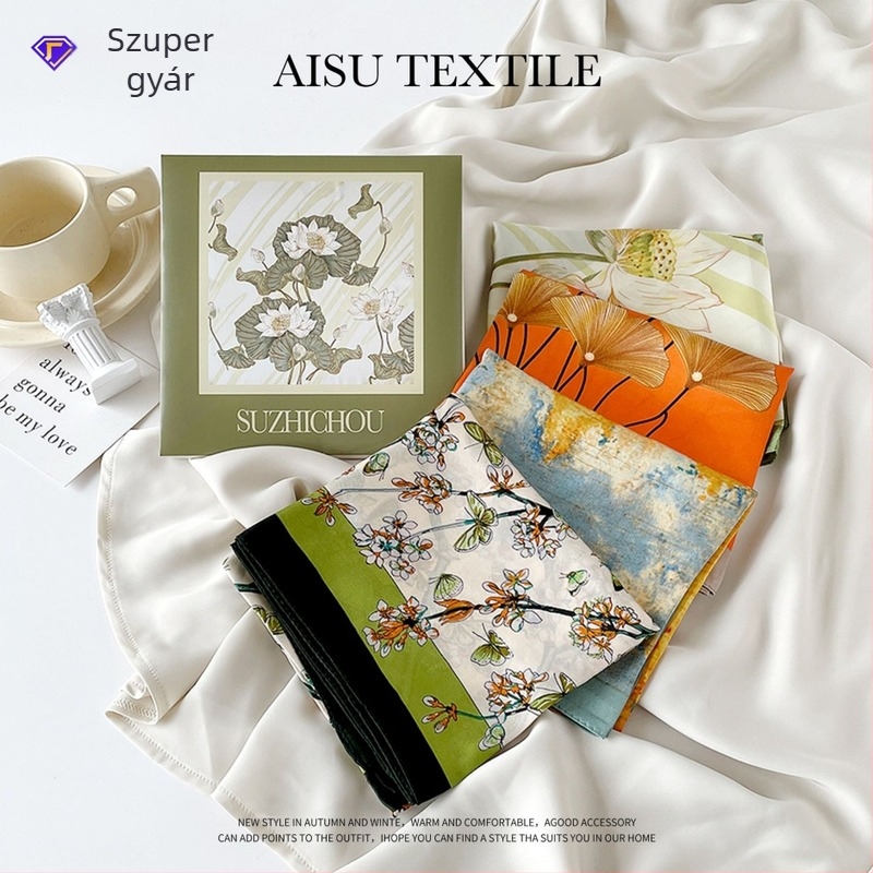 Suzhi Silk szatén-chiffon négyszögletes kendő — sima szövés, nyomtatott mintázat, nyári viselet