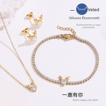 Nőknek szóló antler ékszerszett: titán-acél, cirkón inlay, keresztláncos nyaklánc, fülbevalók és karkötő, állatmotívumok