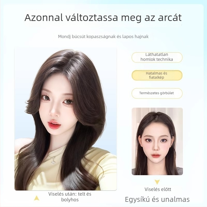 Egyszemélyes haj topper nőknek, fedés a tetején a ritkás hajhoz, puha és élethű megjelenés, varrás nélküli kivitel; hőálló rostok; fél kézi szövés; frufru: egyenes vagy ferde; univerzálisan alkalmas