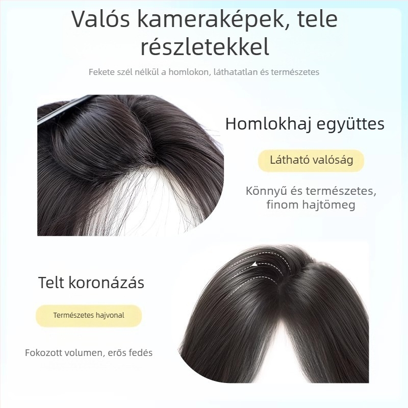 Egyszemélyes haj topper nőknek, fedés a tetején a ritkás hajhoz, puha és élethű megjelenés, varrás nélküli kivitel; hőálló rostok; fél kézi szövés; frufru: egyenes vagy ferde; univerzálisan alkalmas