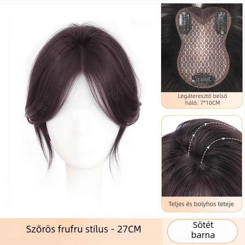 Egyszemélyes haj topper nőknek, fedés a tetején a ritkás hajhoz, puha és élethű megjelenés, varrás nélküli kivitel; hőálló rostok; fél kézi szövés; frufru: egyenes vagy ferde; univerzálisan alkalmas
