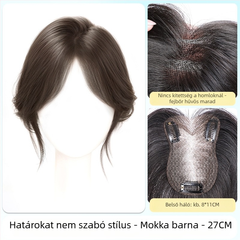 Egyszemélyes haj topper nőknek, fedés a tetején a ritkás hajhoz, puha és élethű megjelenés, varrás nélküli kivitel; hőálló rostok; fél kézi szövés; frufru: egyenes vagy ferde; univerzálisan alkalmas