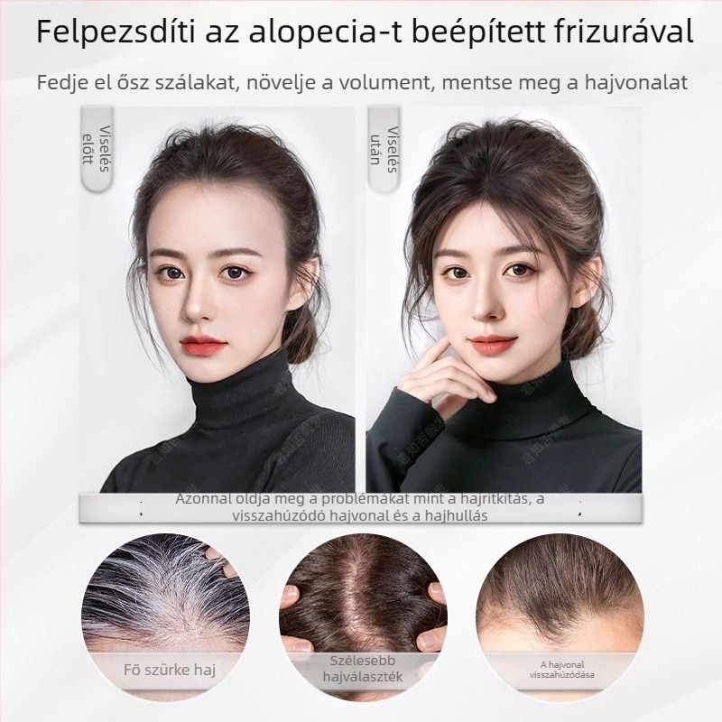 Női paróka darab, kézzel szőtt, hőálló szálak, varrat nélküli, fejtetőn növelt volumen