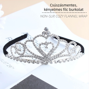 Lányok fejfedő, koronát formázó rhinestone hajpánt, hercegnő stílus (Anyag: Rhinestone; Forma: Korona; Feldolgozás: Elektroplakálás; Kristály típus: Fehér kristály)