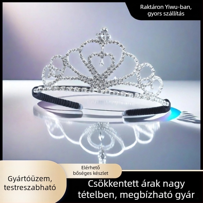 Lányok fejfedő, koronát formázó rhinestone hajpánt, hercegnő stílus (Anyag: Rhinestone; Forma: Korona; Feldolgozás: Elektroplakálás; Kristály típus: Fehér kristály)