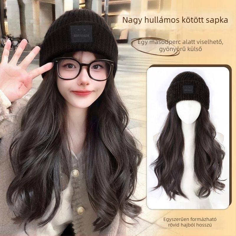 Női sapka-paróka mindent egyben, őszi-téli, hosszú göndör haj proteínselyemből, teljes fej paróka, nem festhető.