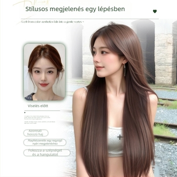 Középen elválasztott, egyenes paróka, élethű fejbőrrel, hőálló rostból, mechanikus gyártási eljárás