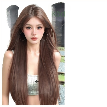 Középen elválasztott, egyenes paróka, élethű fejbőrrel, hőálló rostból, mechanikus gyártási eljárás