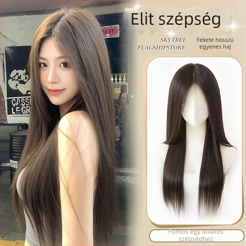 Középen elválasztott, egyenes paróka, élethű fejbőrrel, hőálló rostból, mechanikus gyártási eljárás