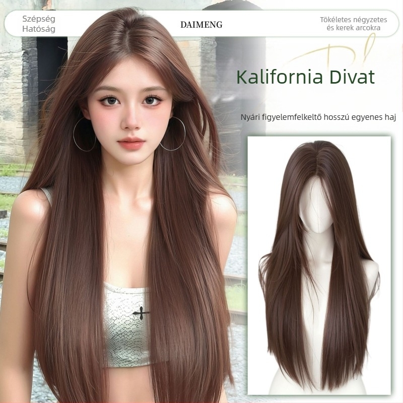 Középen elválasztott, egyenes paróka, élethű fejbőrrel, hőálló rostból, mechanikus gyártási eljárás