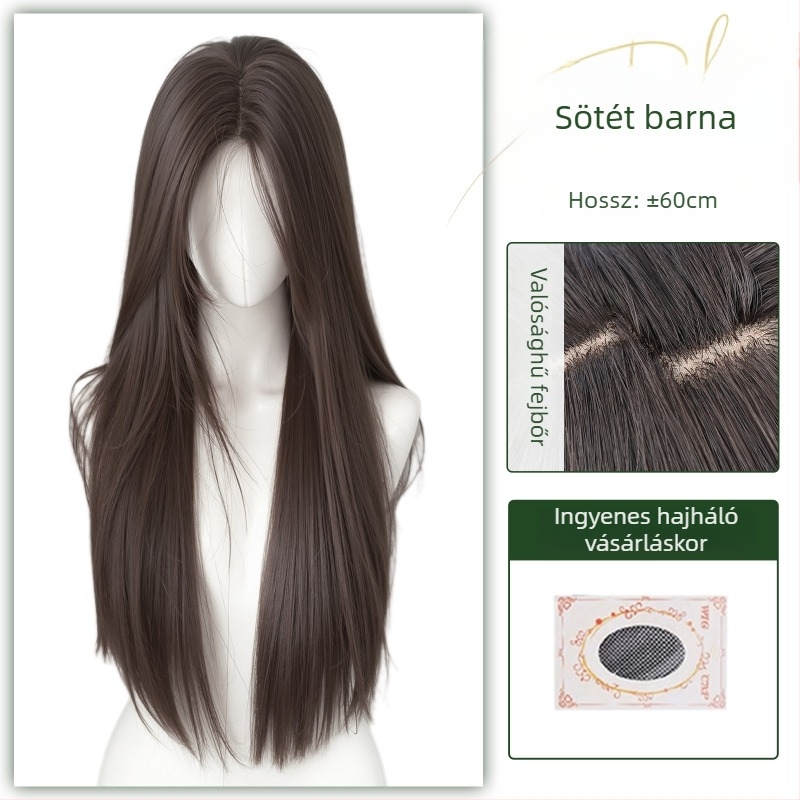 Középen elválasztott, egyenes paróka, élethű fejbőrrel, hőálló rostból, mechanikus gyártási eljárás